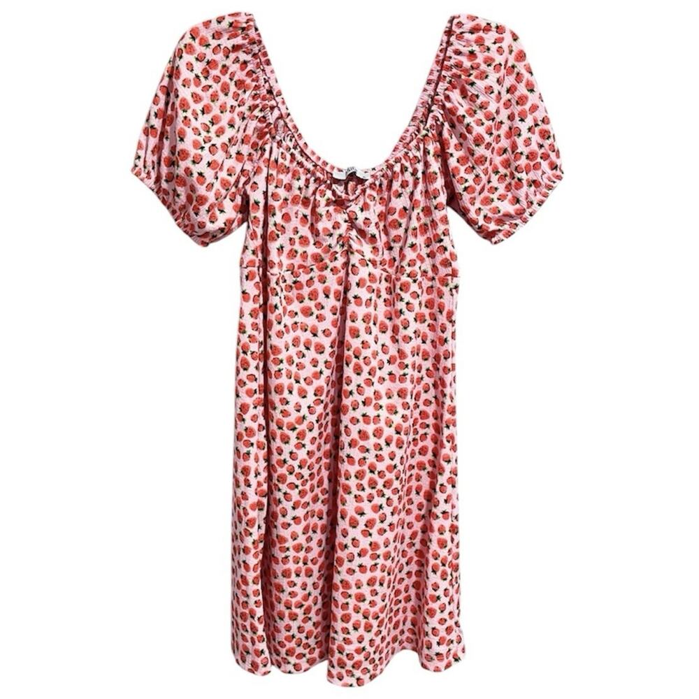 Xside Juniors Babydoll Strawberry Dress Size XL Fruit Pink Red Puff Sleeve Fruit